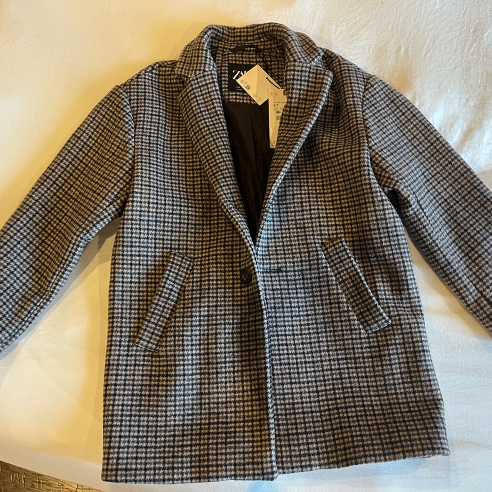 Zara Gray and Brown Pea Coat with Notched Lapels